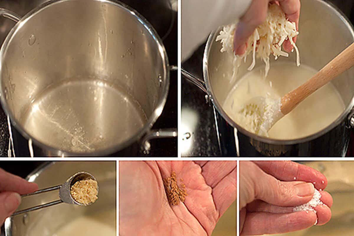 Photo collage showing the making of the cheese fondue.