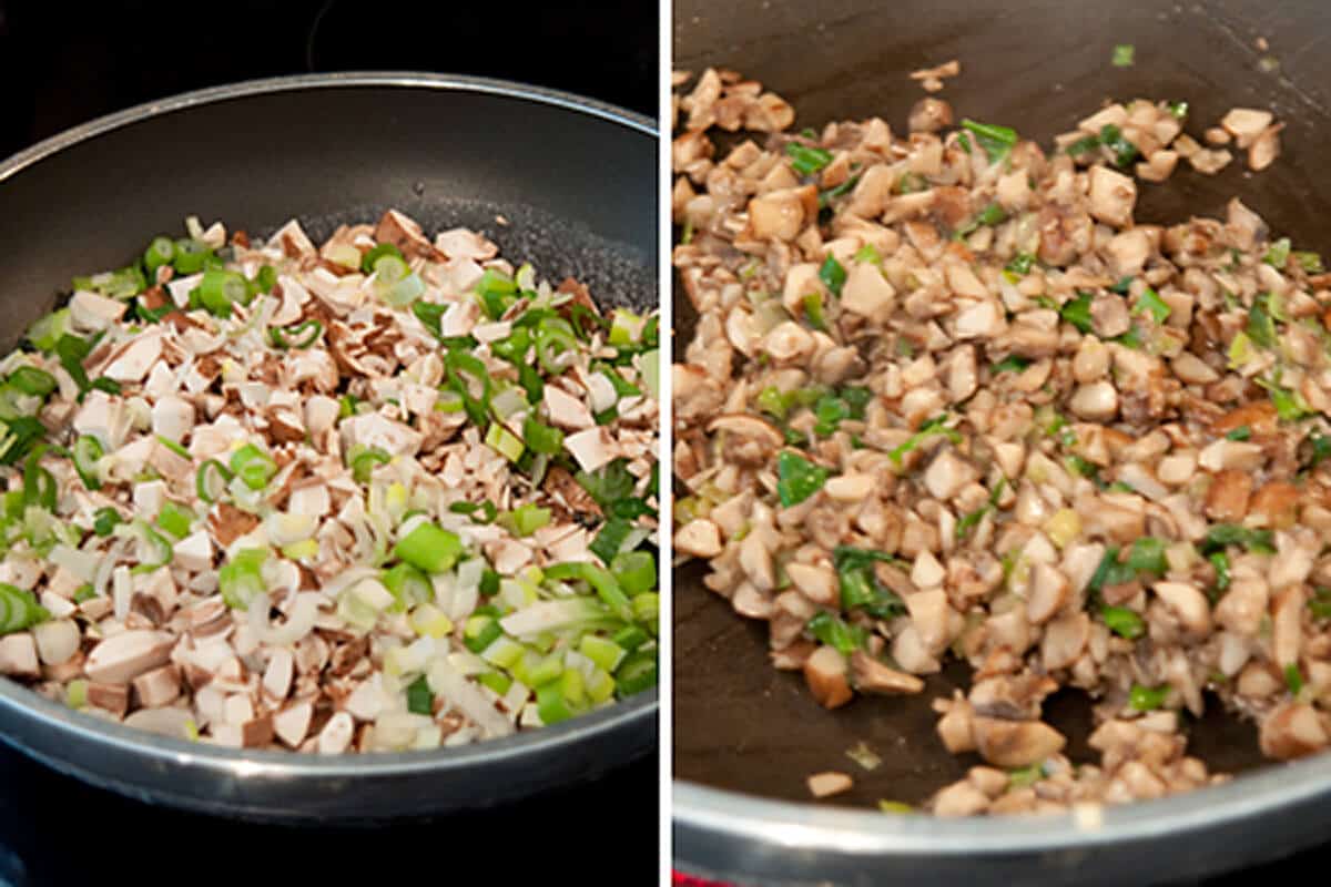 Mushrooms and green onions cooking in a skillet.