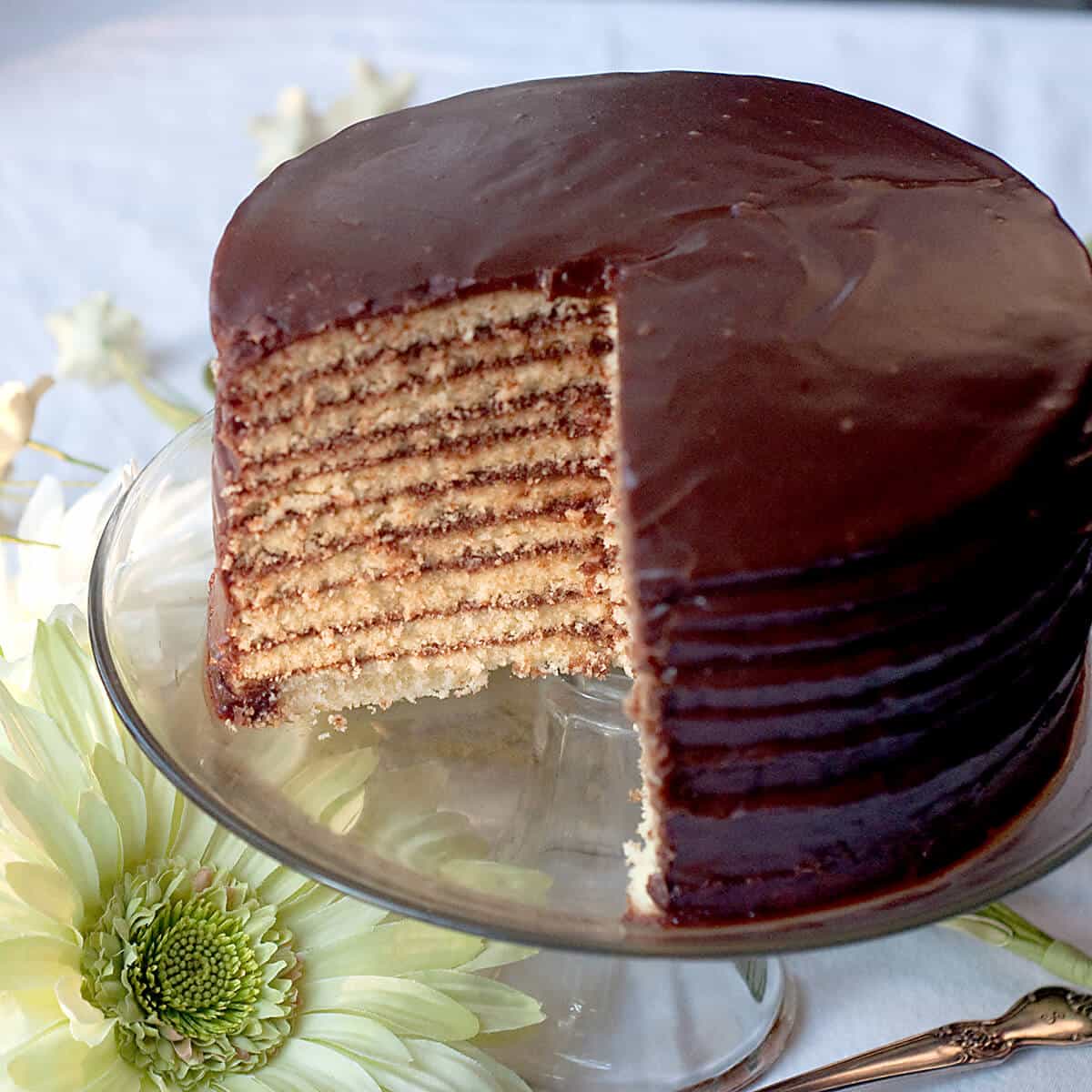 Completed Chocolate Little Layer Cake on a cake stand.