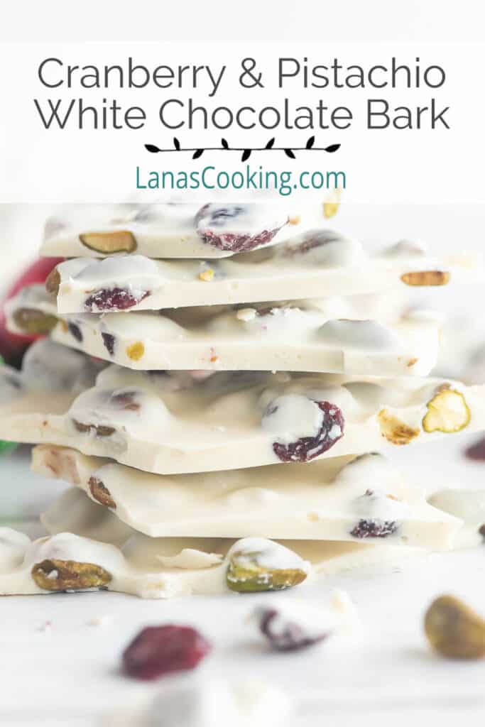 Finished white chocolate bark pieces stacked.