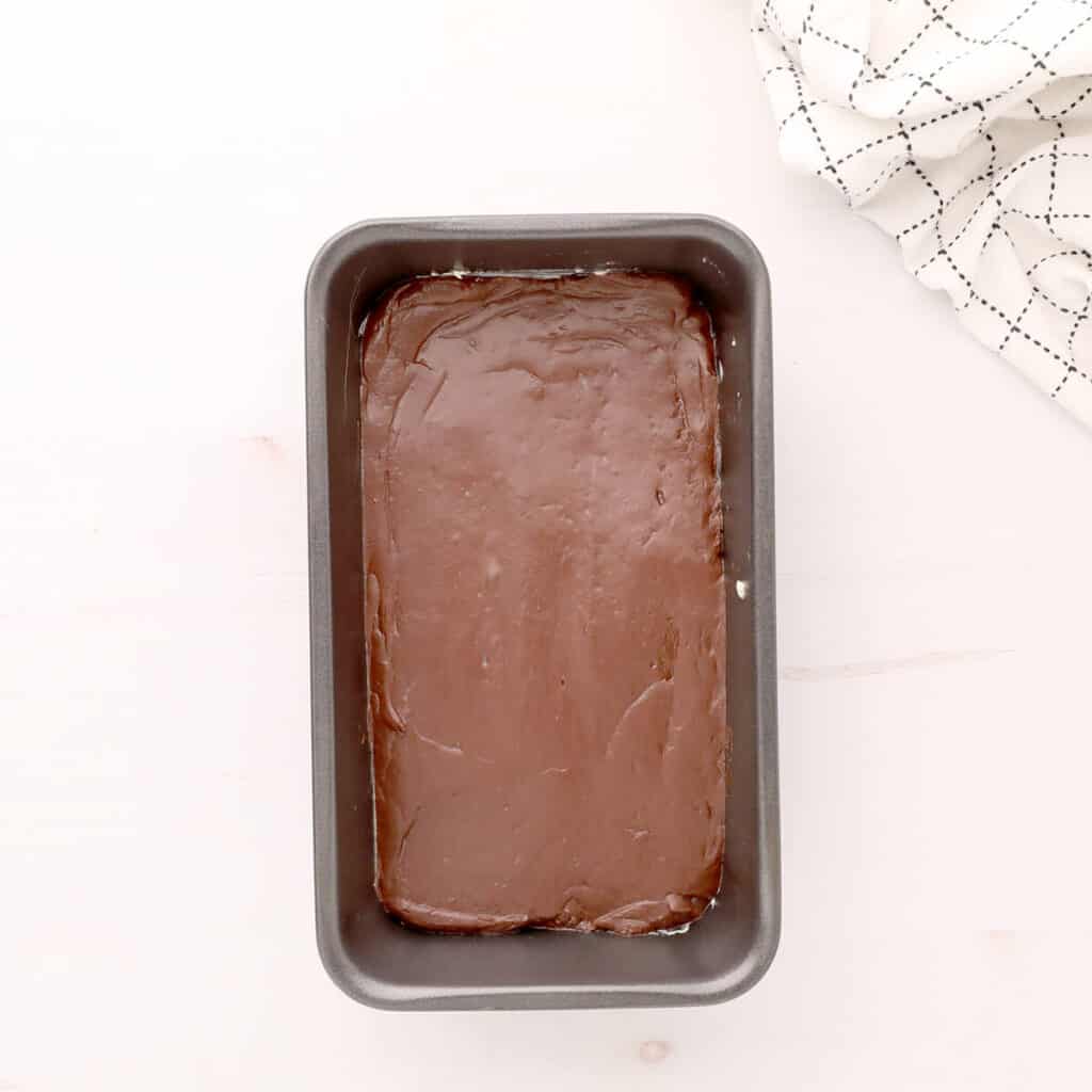 Chocolate mixture in prepared loaf pan.