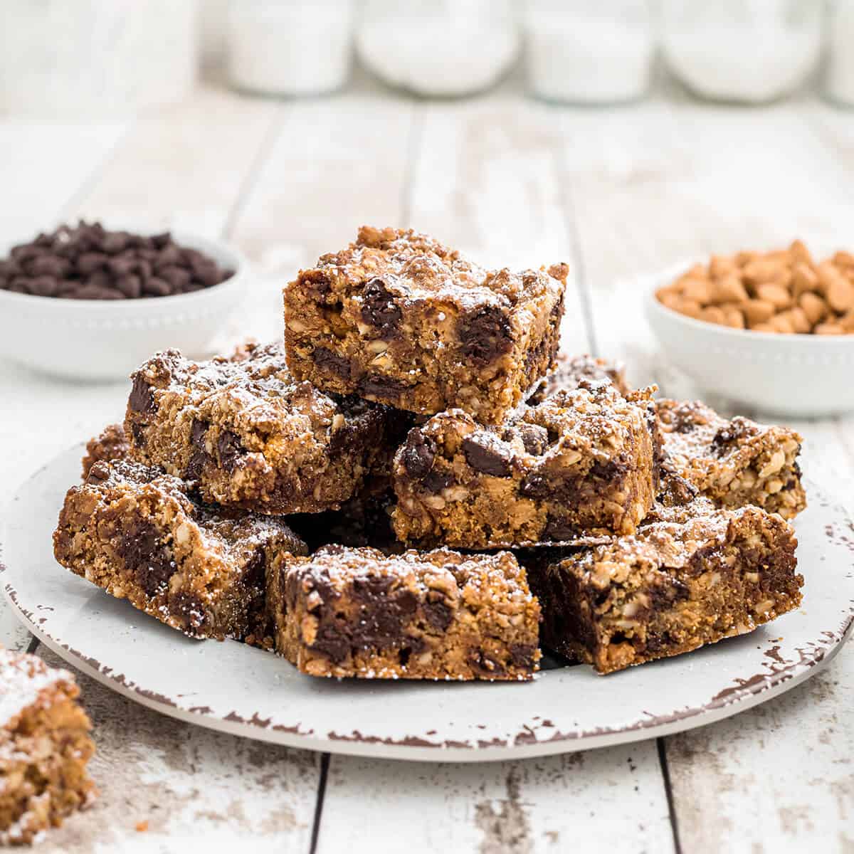 Graham cracker cookie bars on a white serving plate.