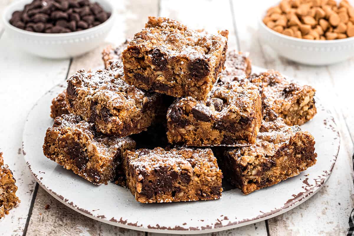 Graham cracker cookie bars on a white serving plate.