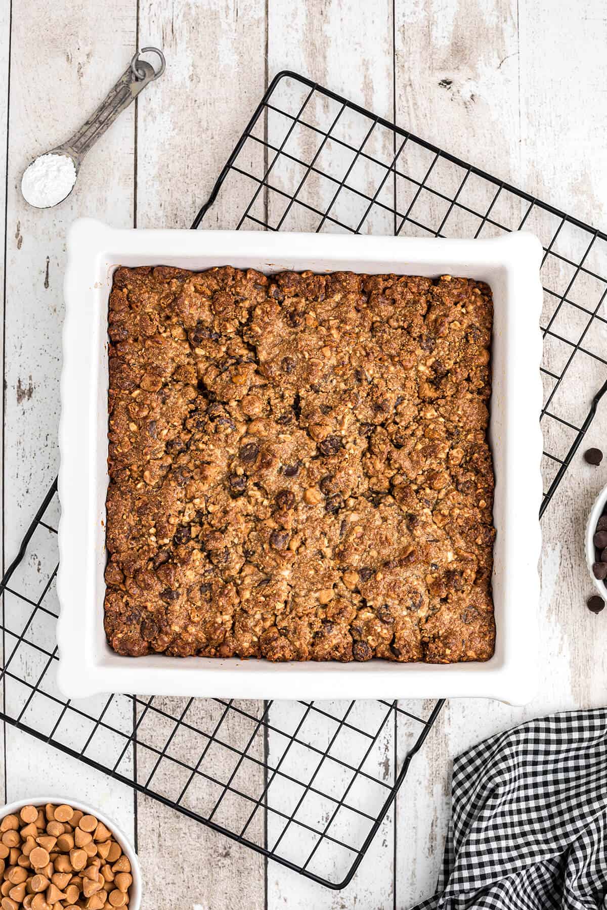 Baked cookie bars in a baking pan.