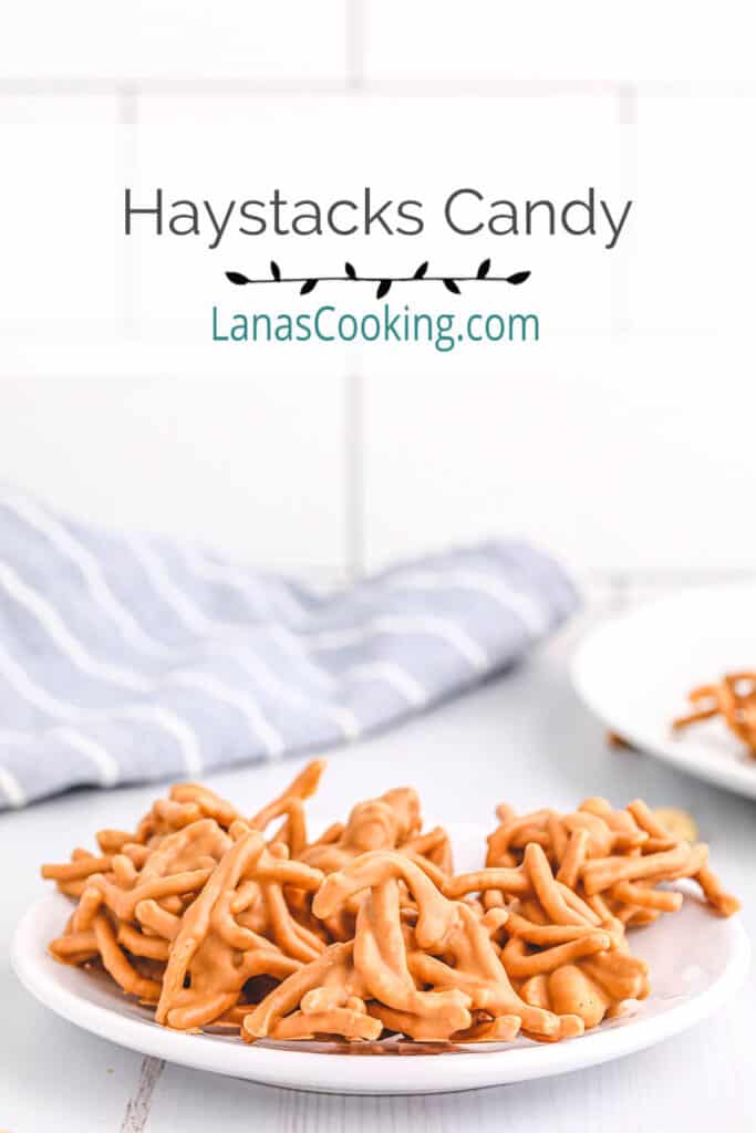 Finished haystacks candy on a white serving plate.
