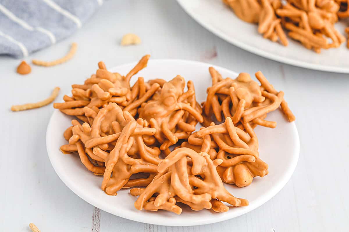 Finished haystacks candy on a white serving plate.