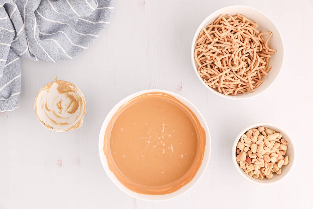 Making Haystacks candy Melted butterscotch chips in a large bowl.