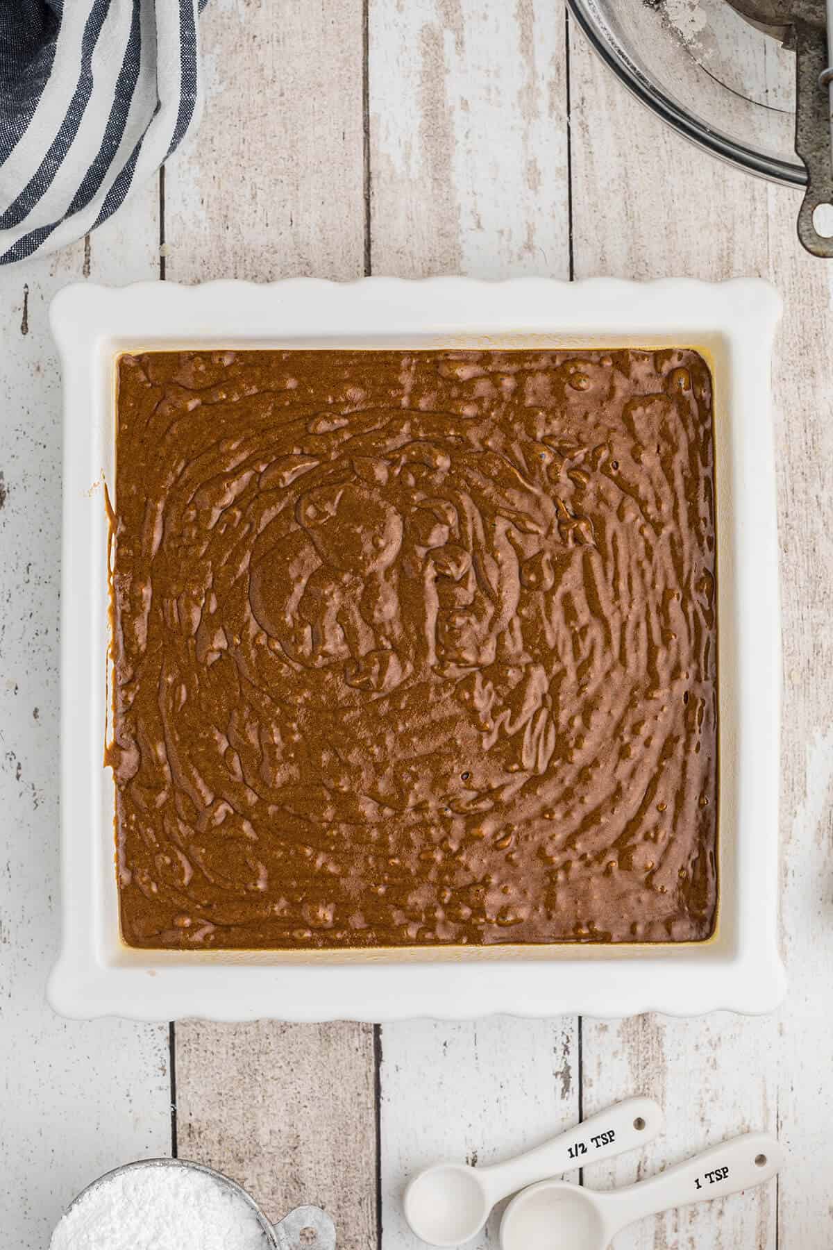 Batter poured into baking dish.