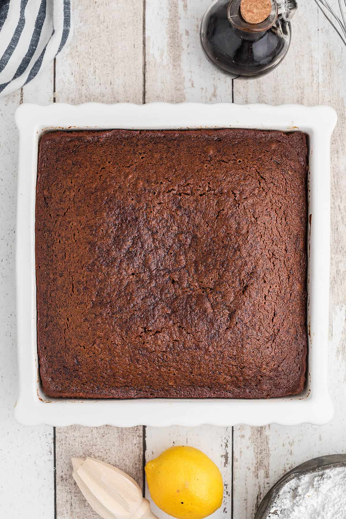 Baked gingerbread in baking dish.