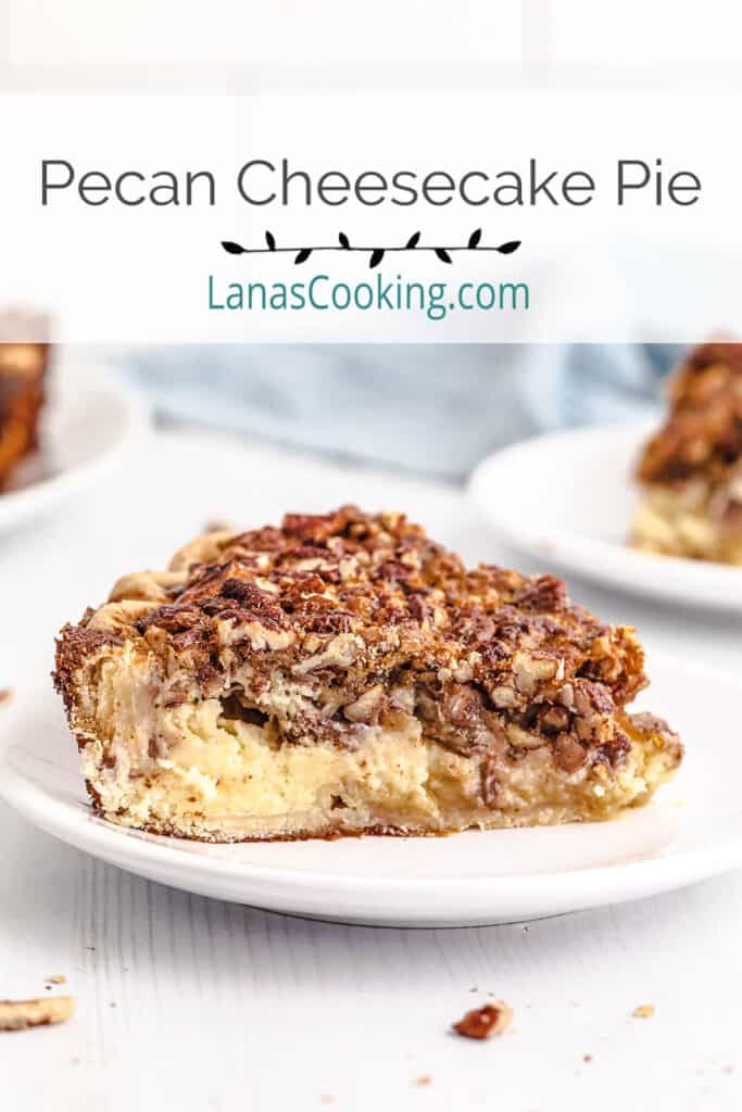 A slice of pecan cheesecake pie on a white serving plate.