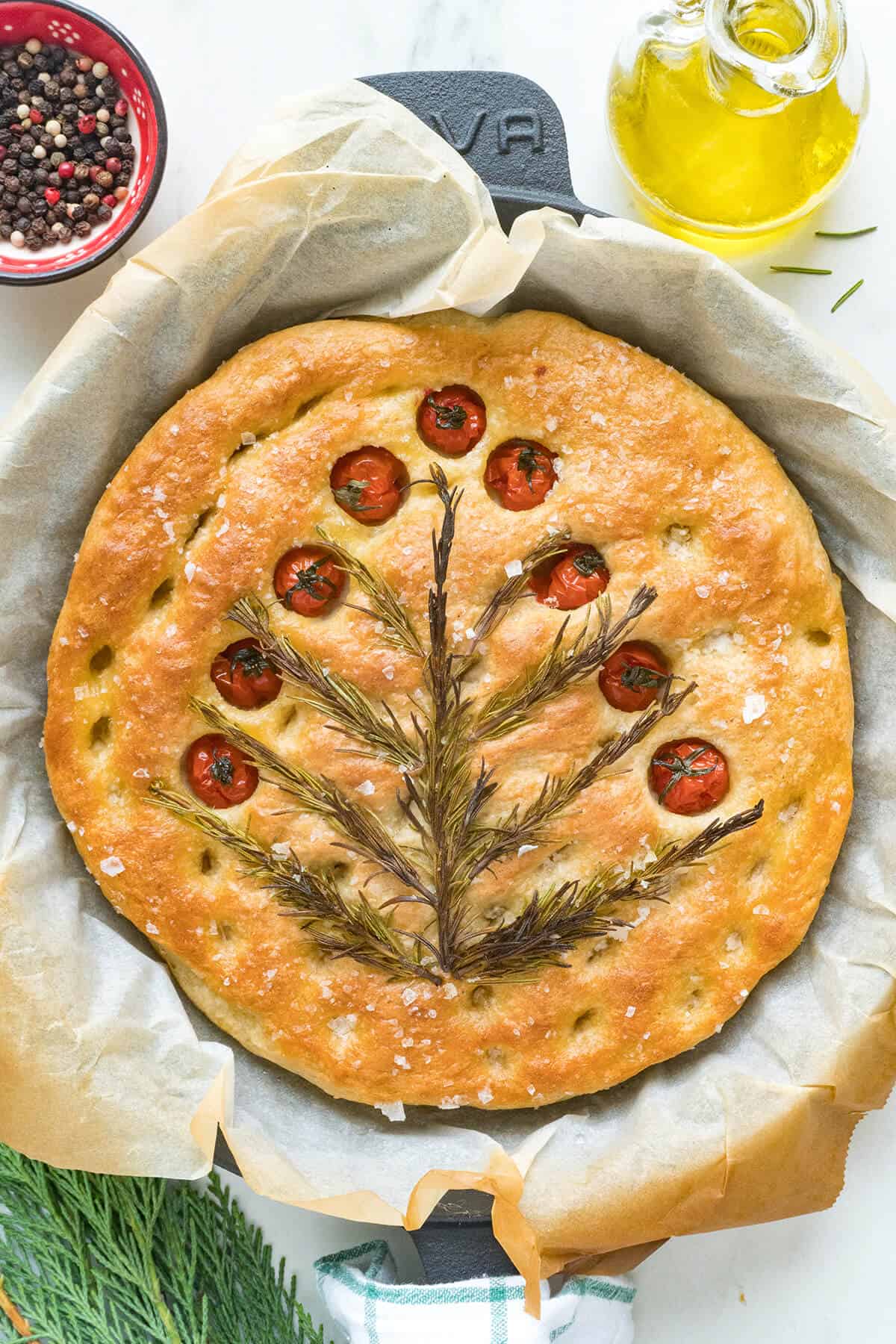 Rosemary Christmas focaccia in a skillet.