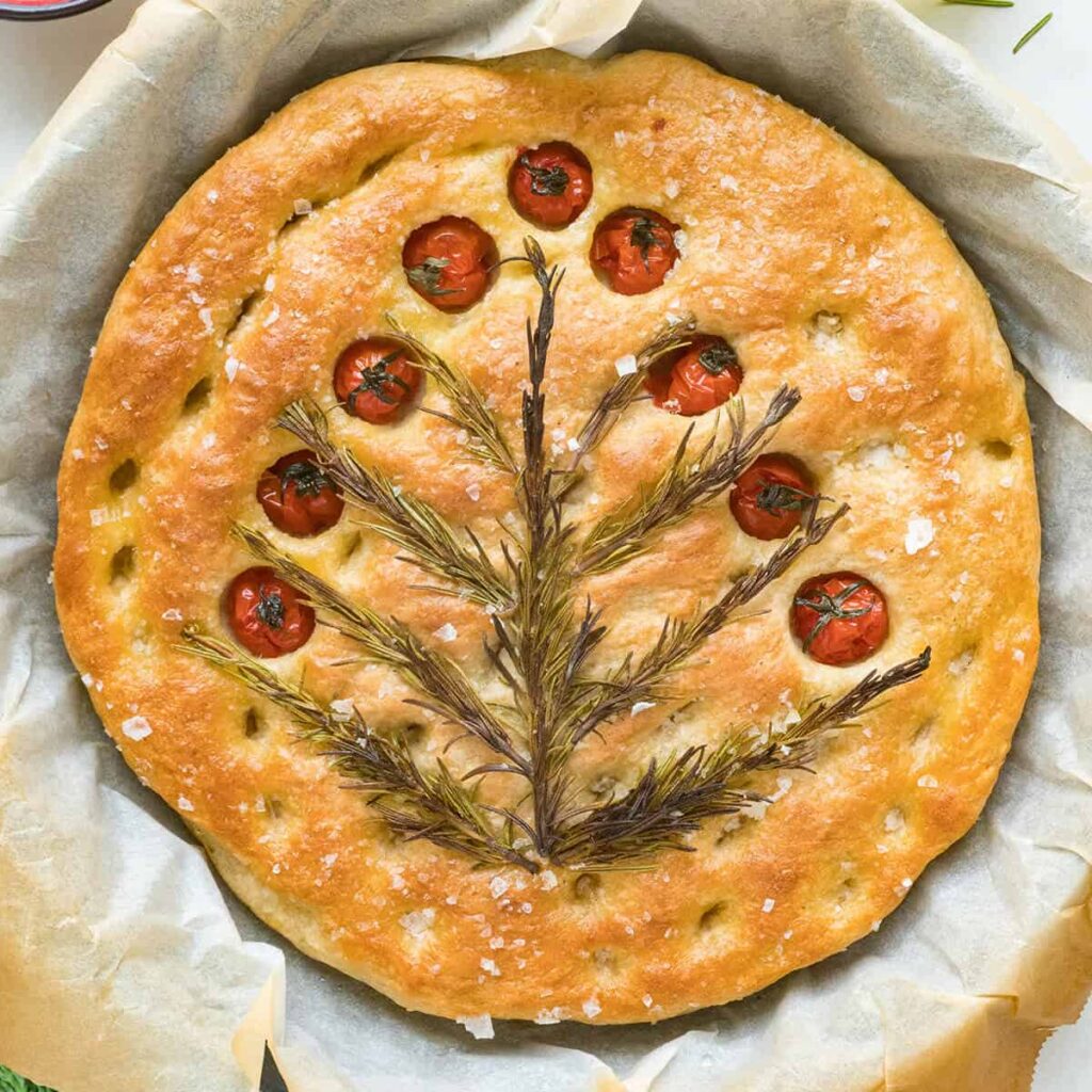 Rosemary Christmas focaccia in a skillet.