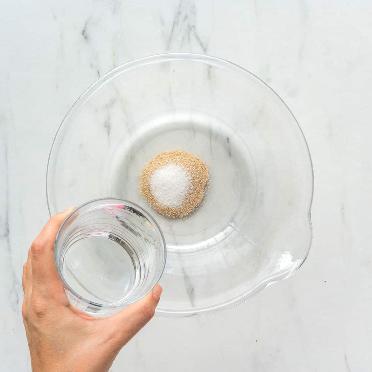 Adding warm water to yeast in a mixing bowl.