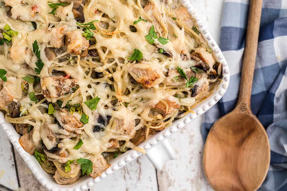 Turkey tetrazzini in a casserole dish.