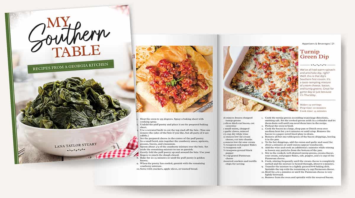 Cookbook mockup showing the recipe on page 21.