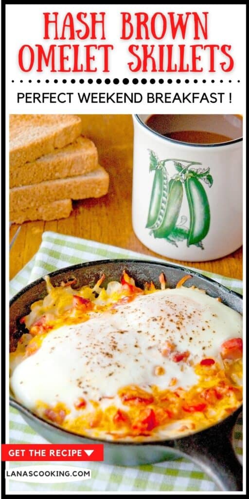 Hash Brown Omelet Skillets on a kitchen towel with a cup of coffee in the background. Text overlay for pinning.