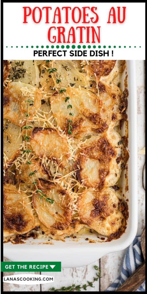 Finished potatoes au gratin in a white baking dish.
