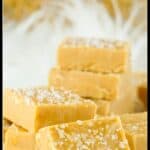 Squares of salted butterscotch fudge on a white background.