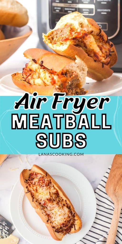 A finished meatball sub split in half on a serving plate.