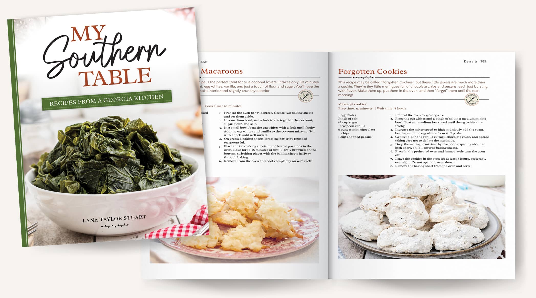 Mockup of pages 284-285 in My Southern Table cookbook.