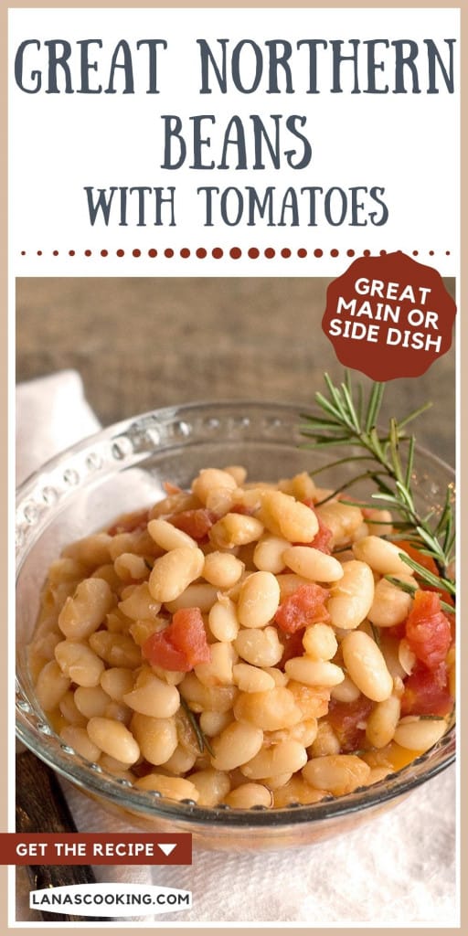 A serving of beans and tomatoes in a clear glass bowl.
