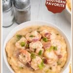 A serving a shrimp and grits in a white bowl.