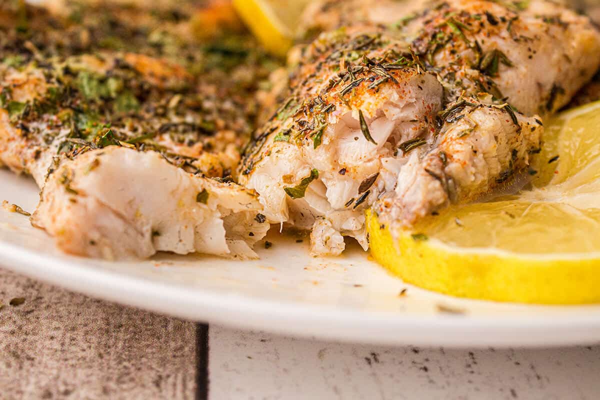 Flaky baked catfish on a white serving plate.