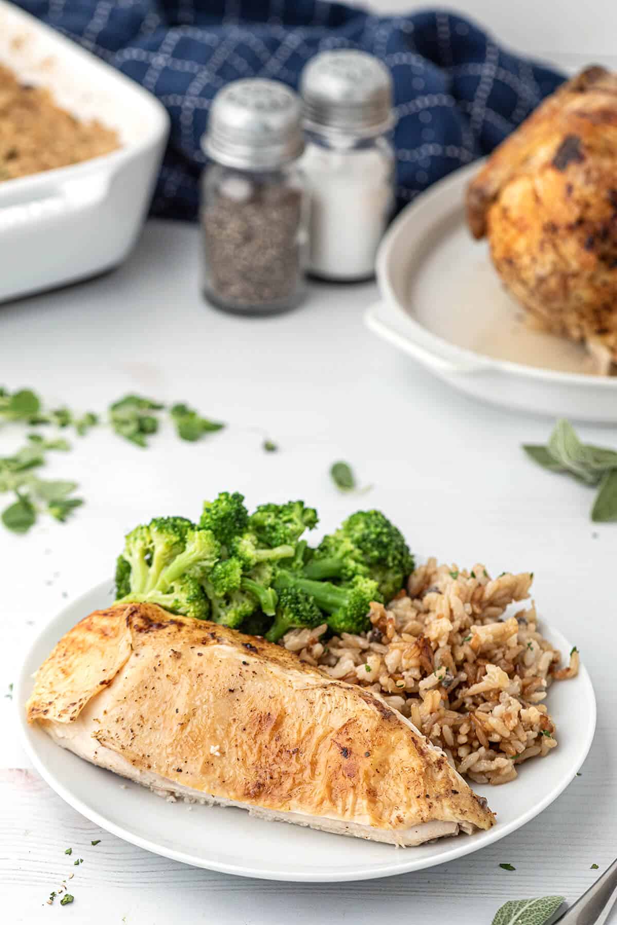 A slice of chicken breast with rice and broccoli on a plate.