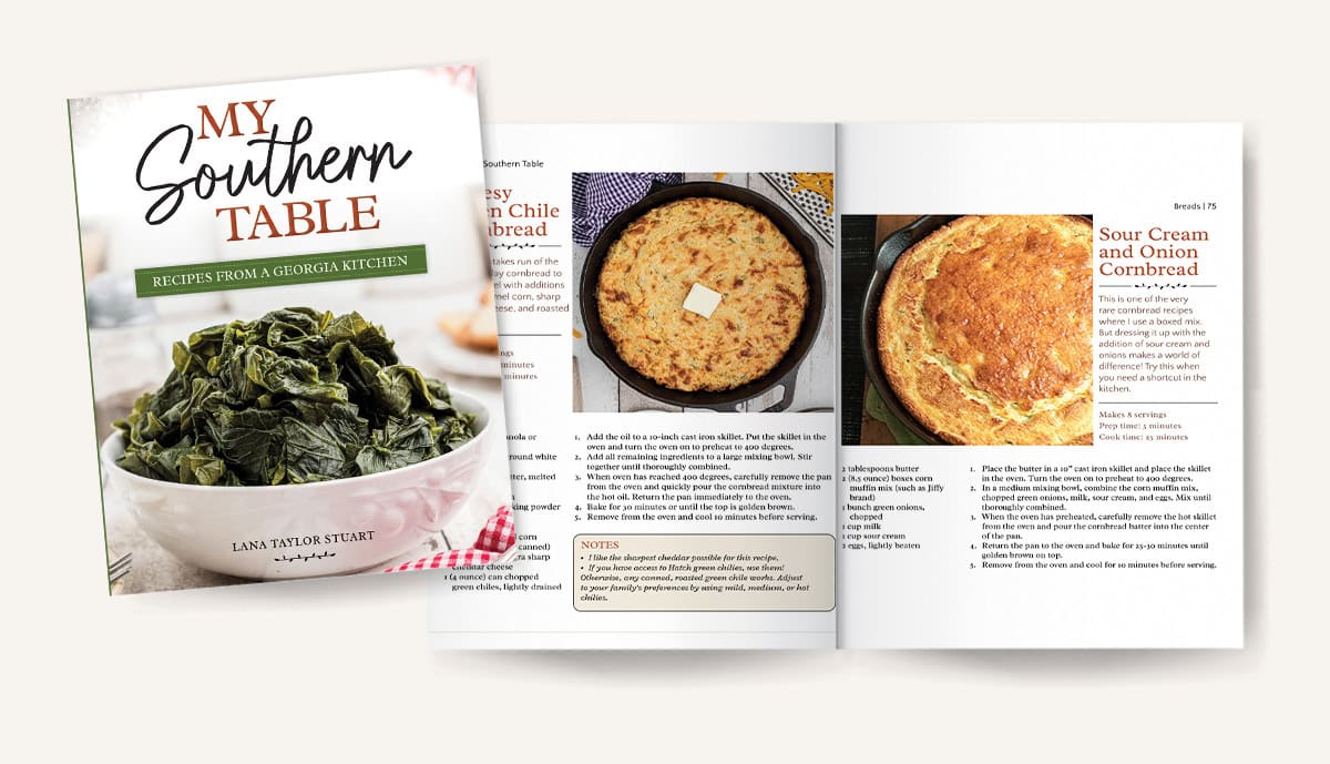 A cookbook titled My Southern Table and an open page showing cornbread recipes and photos.
