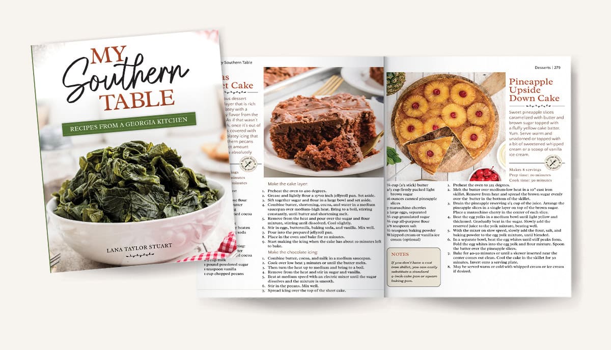 A cookbook titled My Southern Table with opened pages showing recipes and photos of cakes.