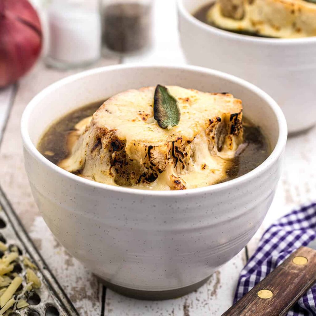 A bowl of English onion soup.