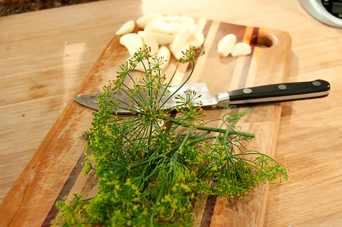 Peeled garlic and a fresh dill seed head on a cutting board.