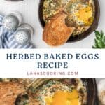 Two small skillets with herbed baked eggs and toast, plus salt, pepper, and parsley on a white table.