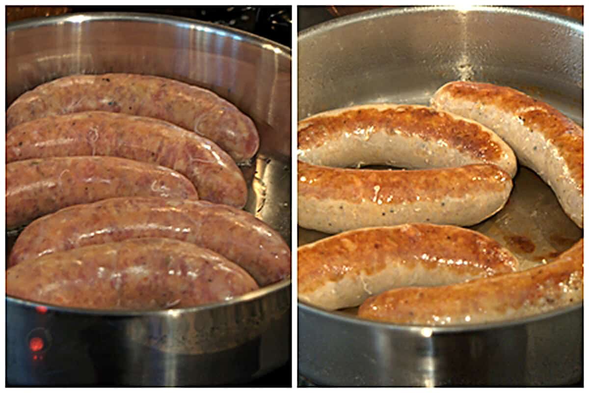 Italian sausages browning in a skillet.