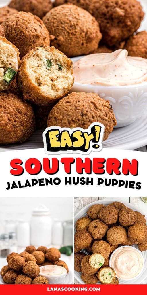 Finished hush puppies on a plate with dipping sauce on the side.