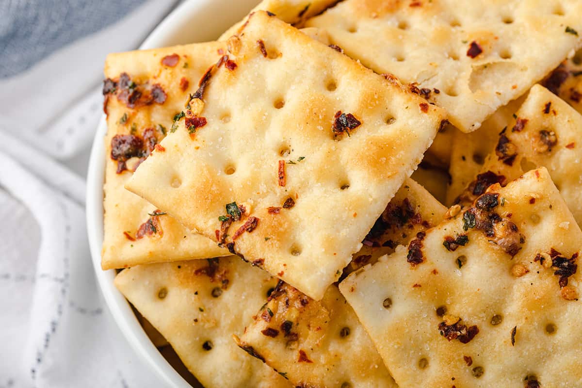 Finished crackers in a white serving bowl.