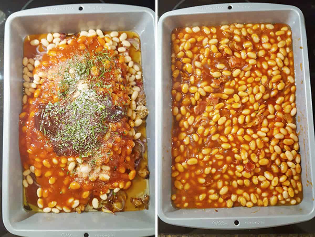 Beans and seasonings added to baking pan.