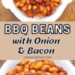 Finished BBQ Beans in a white serving bowl.