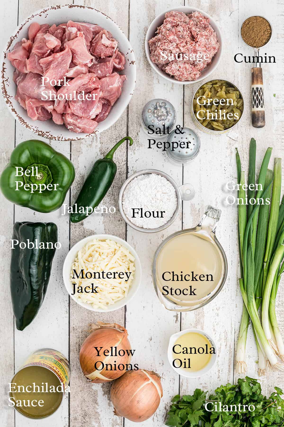 Ingredients for chili laid out on a white surface, each labeled, including pork, peppers, onions, cheese, and spices.