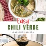 Two bowls of chili verde topped with cheese and cilantro, with a ladle serving chili from a pot below.