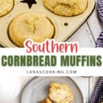 Cornbread muffins in a baking tin and on a plate, with one muffin cut open and butter spread inside.