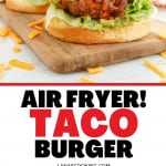 Finished taco burger on a wooden serving board.
