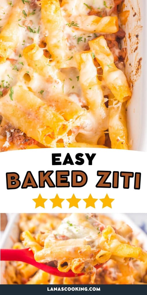 A serving of baked ziti in a white dish.