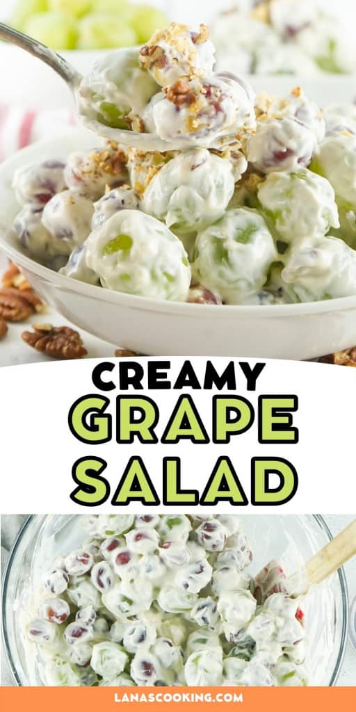 Creamy grape salad in a serving dish with a spoon.
