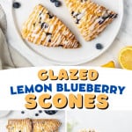Lemon blueberry scones on a white serving plate.