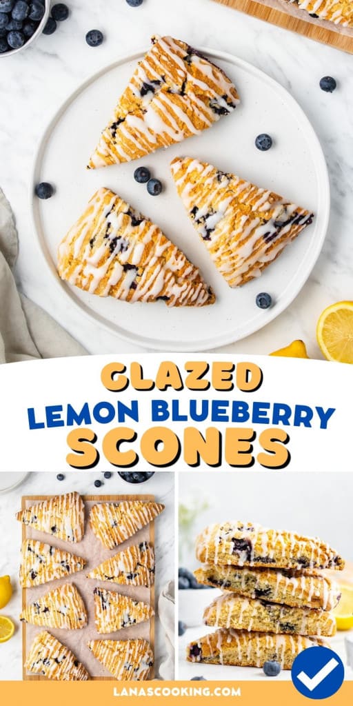 Lemon blueberry scones on a white serving plate.