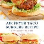 Three taco burgers with lettuce, guacamole, salsa, and cheese on buns, shown on a white background.