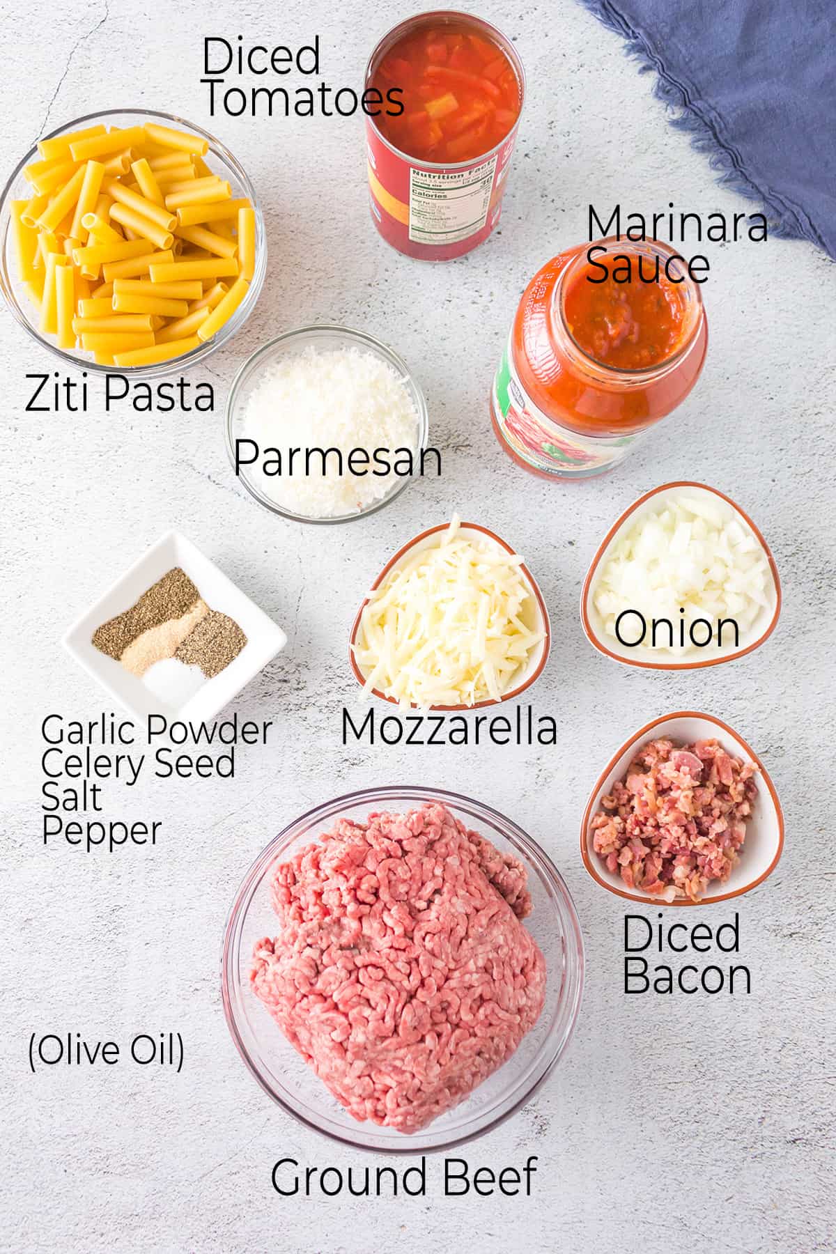 Ingredients needed for easy baked ziti.