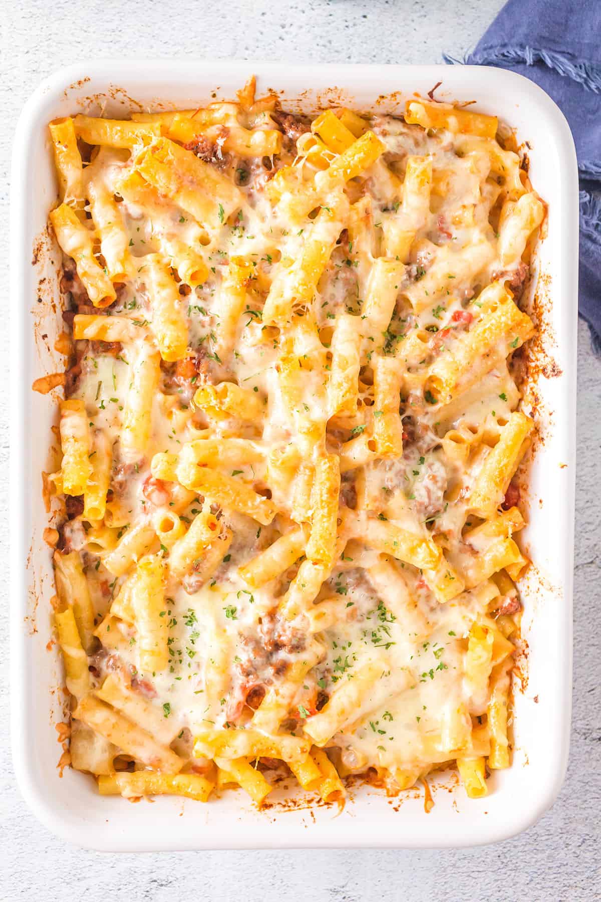 Finished baked ziti in a baking dish.