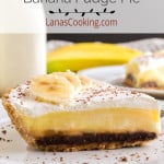 A slice of banana fudge pie on a white plate.